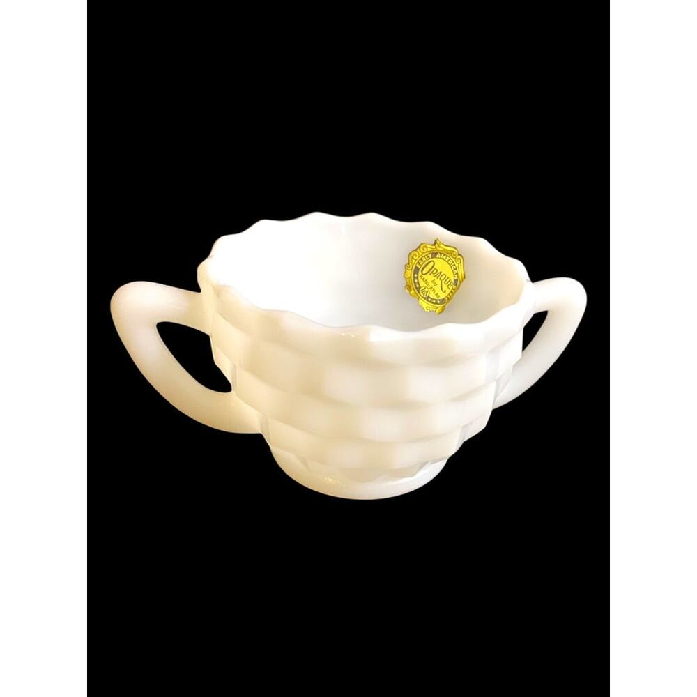Hazel-Atlas Opaque Milk Glass Sugar Bowl with Sticker Starburst Geometric Design